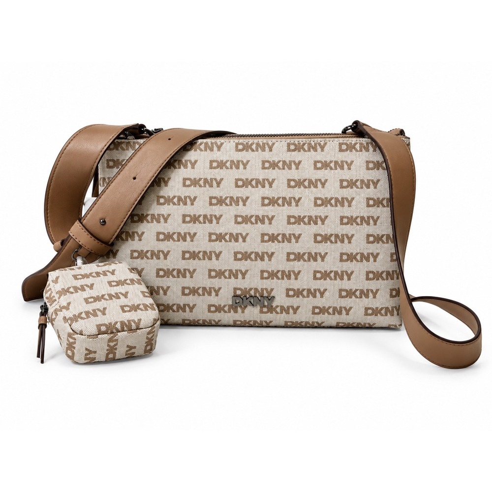 DKNY Ellis Tri Comp Crossbody Bag Logo Jacquard Beige Brown R43E5F11 NWT